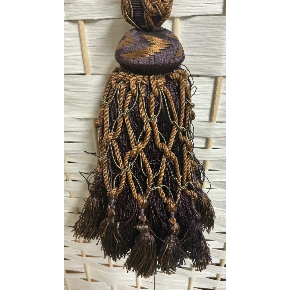 Pair Vintage French Style Drapery Tassel Tiebacks Purple Plum Bronze Netted 2pc